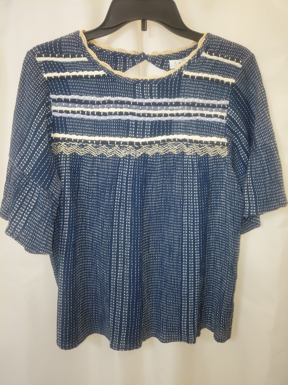 NWT Sz XS THML Navy & White Striped Crochet-Trim Peasant Blouse Embroidered Boho